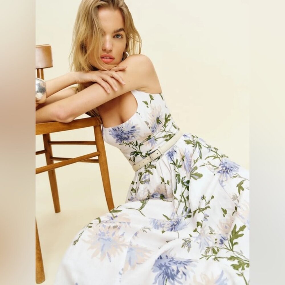 NEW Reformation Janu Midi Linen Dress Serenity White Blue Floral | US 6 / UK 10